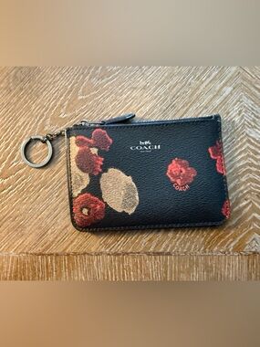 Coach Black Floral Zip Key Card Case with Red and Cream Blooms